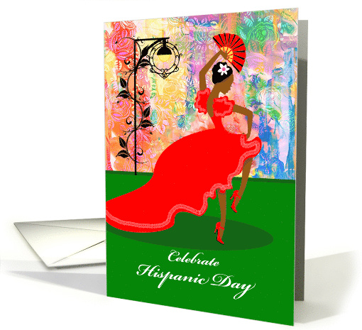 Hispanic Day, Flamenco Dancer in Red Dress, Black Iron Lamp card