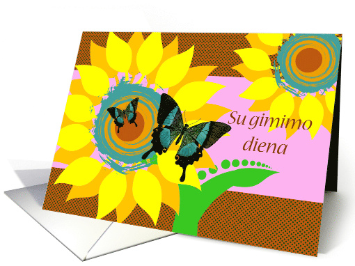 Birthday in Lithuanian Su gimimo diena with Butterflies on Flower card