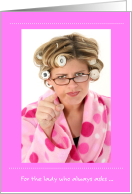 Funny 80th Birthday, Lady in Pink Bathrobe and Rollers card