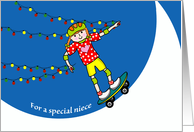 Niece Christmas with Skateboarder and Colorful String Lights card