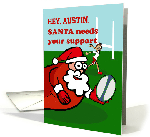 Christmas Rugby Santa Claus with Rugby Ball on the Field card