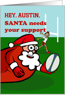 Christmas Rugby Santa Claus with Rugby Ball on the Field card