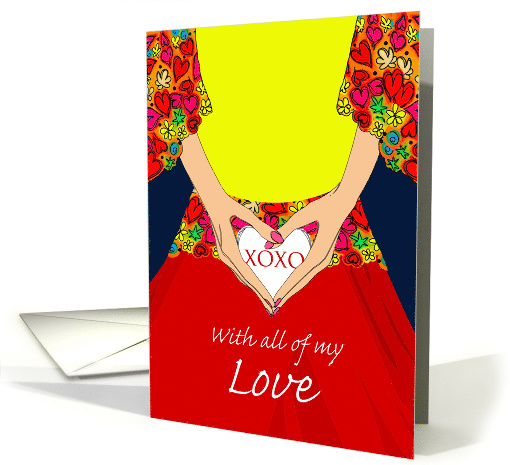Valentine for Sweetheart, Woman Holding a Heart with XOXO card