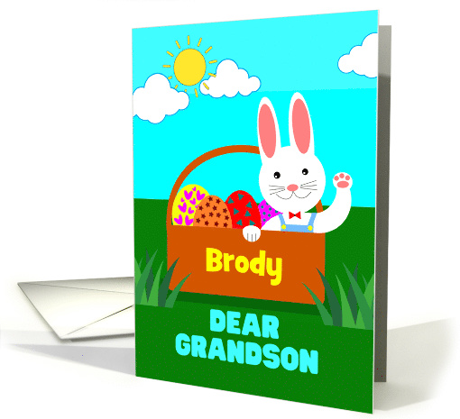 For Grandson Add a Name Easter with Cute Bunny in Basket card