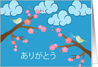 Thank You in Japanese Arigato with Birds and Cherry Blossoms card