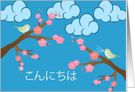 Hello in Japanese Konichiwa with Birds and Cherry Blossoms card