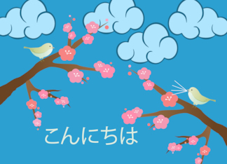Hello in Japanese Konichiwa with Birds and Cherry Blossoms