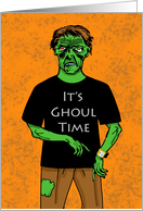 Trick or Treat for Halloween with Zombie Pointing to Watch card