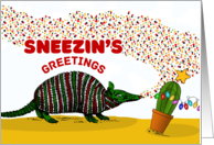 Sneezin’s Greetings with Armadillo and Christmas Cactus Blowing Over card