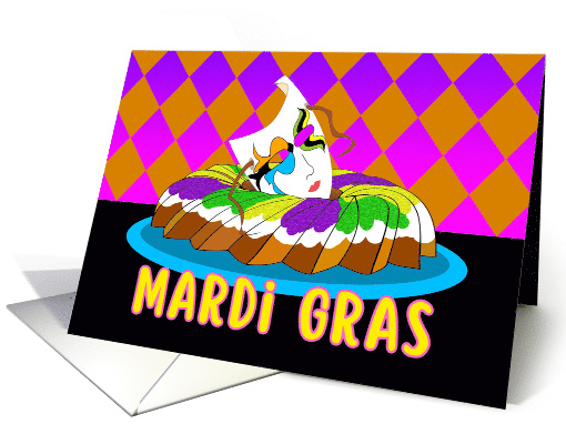 Mardi Gras with Colorful King Cake and Mask on Diamond Background card