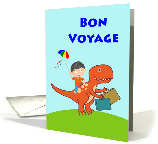 Bon Voyage for Child Boy Flying a Kite and Riding a Dinosaur card