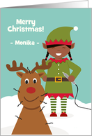 Christmas for Electrologist with Dark Skin Toned Female Elf and Deer card