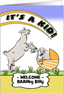 Funny Congratulations on Baby with Mama Goat and Kid in Stroller card
