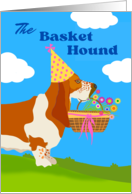 Birthday with Cute Basket Basset Hound in Party Hat Holding Flowers card