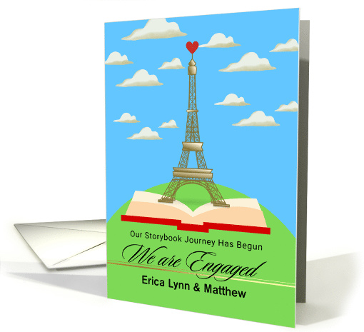 We are Engaged Custom Front Eiffel Tower with Heart and Storybook card