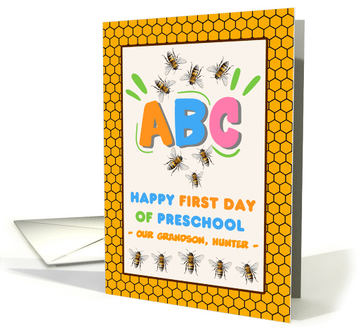 For Grandson First Day of Preschool with Bees and Add a Name card
