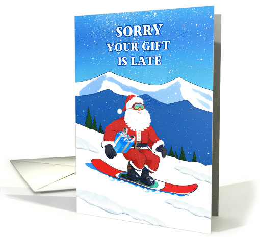 Belated Christmas Funny Snowboarding Santa with a Wrapped Present card