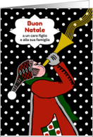 Son and Family Christmas in Italian Buon Natale Horn Player Snow card