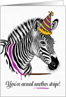 For Her Birthday with Zebra in Party Hat and a Purple Painted Stripe card