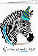 For Him Birthday Zebra in Party Hat with Blue Painted Stripe card