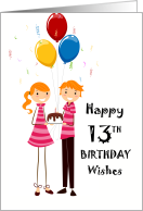 Twin Brother and Sister 13th Birthday Cute Cake and Balloons card