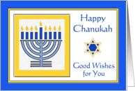 Chanukah with Menorah with Blue Candles and Yellow Flames card