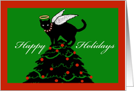 Happy Holidays Cat Angel Topper on Christmas Tree card