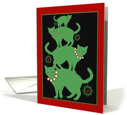 Christmas with Stacked Cat Tree and Snowflake Ornaments on Tails card