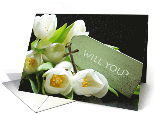 Best Friend Bridesmaid Invitation with White Tulips and Cross card
