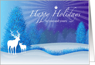Happy Holidays with Buck and Fawn at Night in the Snow card