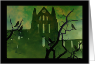 Spooky Halloween Church Scene with Black Crows in Dead Trees card