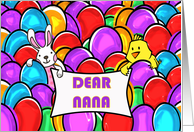 Easter for Nana with Chick and Bunny in Pile of Colorful Easter Eggs card