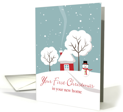 First Christmas in New Home with Red House and Snowman in Winter card