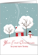 First Christmas in New Home with Red House and Snowman in Winter card