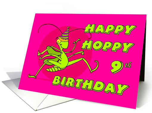 Happy Hoppy 9th Birthday with Cartoon Grasshopper Wearing Hat card