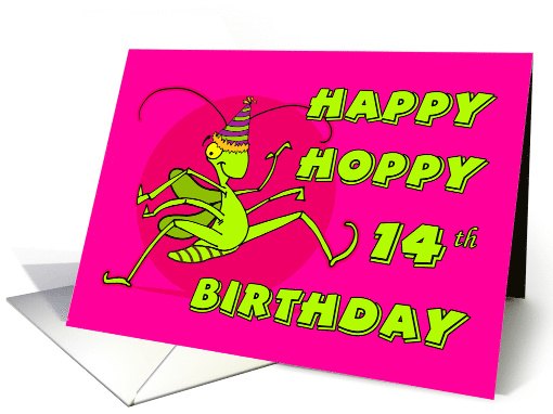 Happy Hoppy 14th Birthday with Grasshopper Dancing in Party Hat card