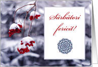 Romanian Christmas Sarbatori Fericite with Red Berries in Snow card