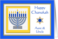 Aunt and Uncle Chanukah with Menorah in Blue and Gold card