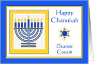 Cousin Chanukah with Menorah in Blue and Golden Yellow card