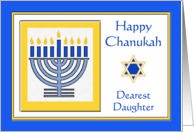 Daughter Chanukah with Menorah in Blue and Yellow Gold card