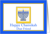 Chanukah for Friend with Menorah in Blue and Yellow card