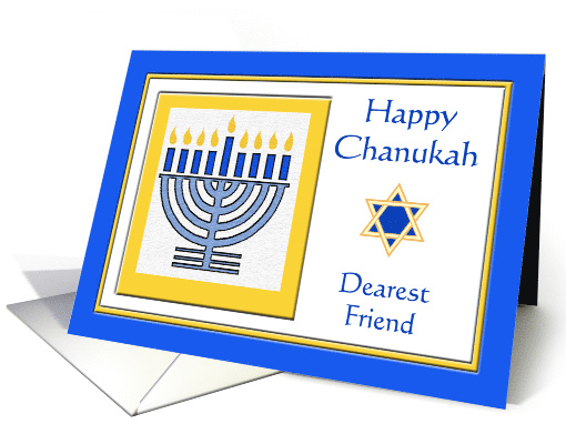 Friend Chanukah with Menorah and Star of David in Blue and Yellow card