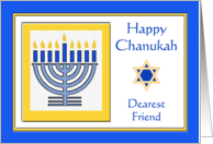 Friend Chanukah with Menorah and Star of David in Blue and Yellow card
