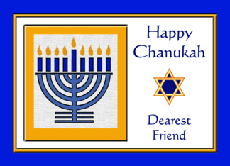 Friend Chanukah with Menorah and Star of David in Blue and Yellow