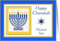 Son Chanukah with Menorah in Blue and Yellow Gold card