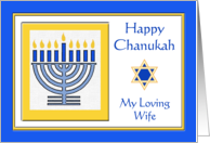 Wife Chanukah with Menorah in Blue and Yellow Gold card