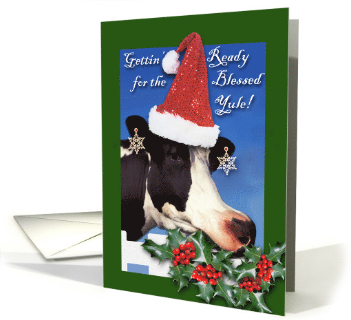 Funny Winter Solstice Yule Greetings With Cow Eating Holly card