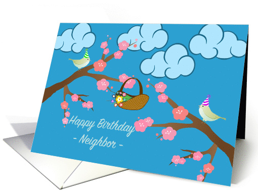Neighbor Birthday with Flowering Cherry Tree and Birds in Hats card
