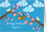 Neighbor Birthday with Flowering Cherry Tree and Birds in Hats card