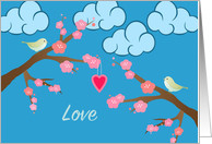 Love and Romance Birds in Cherry Tree Illustration card